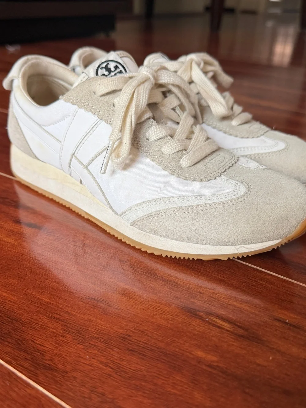 Tory Burch Off-White and Cream Suede-Trim Sneakers